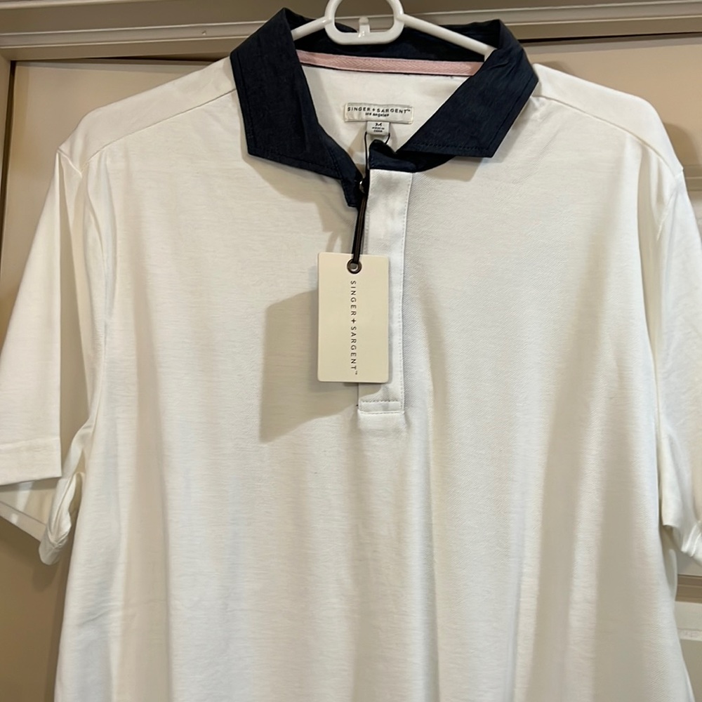 Mens NWT White polo with denim collar